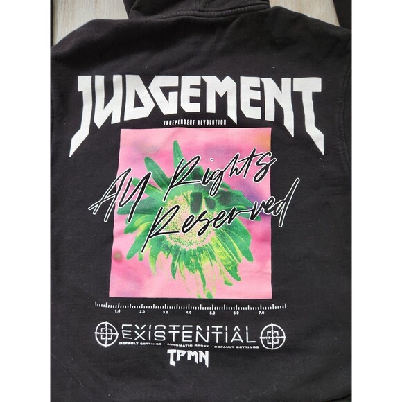 Topman Judgement Graphic Pullover Hoodie Black Fleece Lined Pocket Sz L EUC - Picture 2 of 9